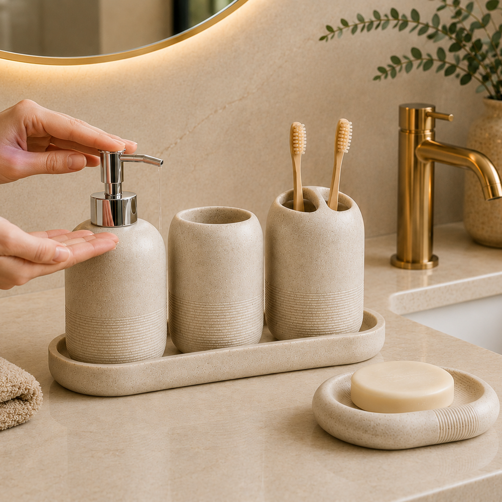 Kit Banheiro Bege e Cinza com Dispenser em banheiro ou lavabo
