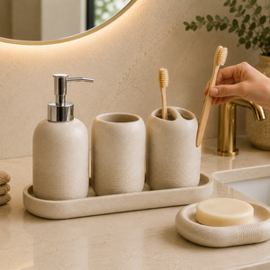 Kit Banheiro Bege e Cinza com Dispenser em banheiro ou lavabo