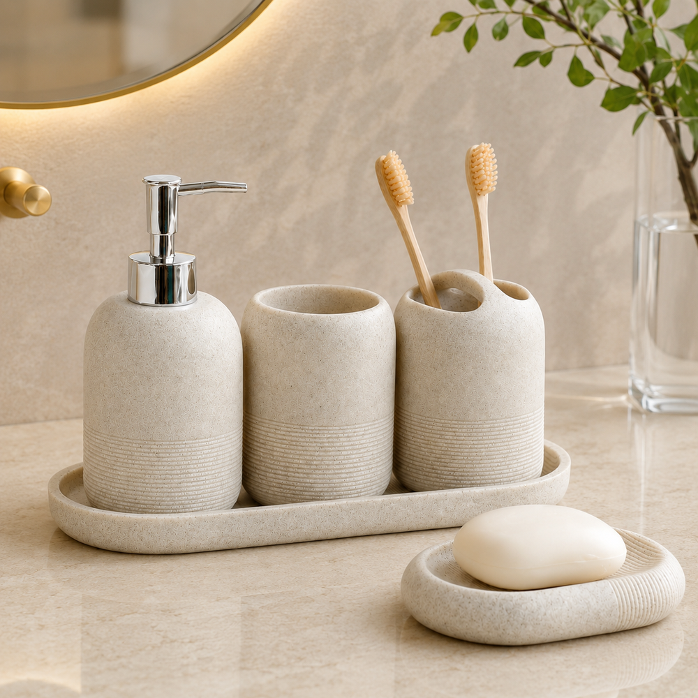 Kit Banheiro Bege e Cinza com Dispenser com detalhe de textura e acabamento