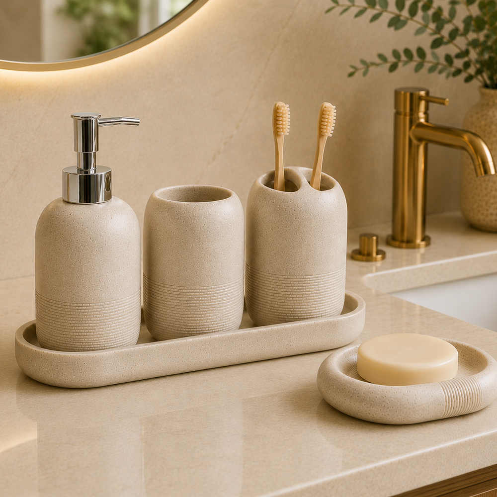 Kit Banheiro Bege e Cinza com Dispenser em banheiro ou lavabo