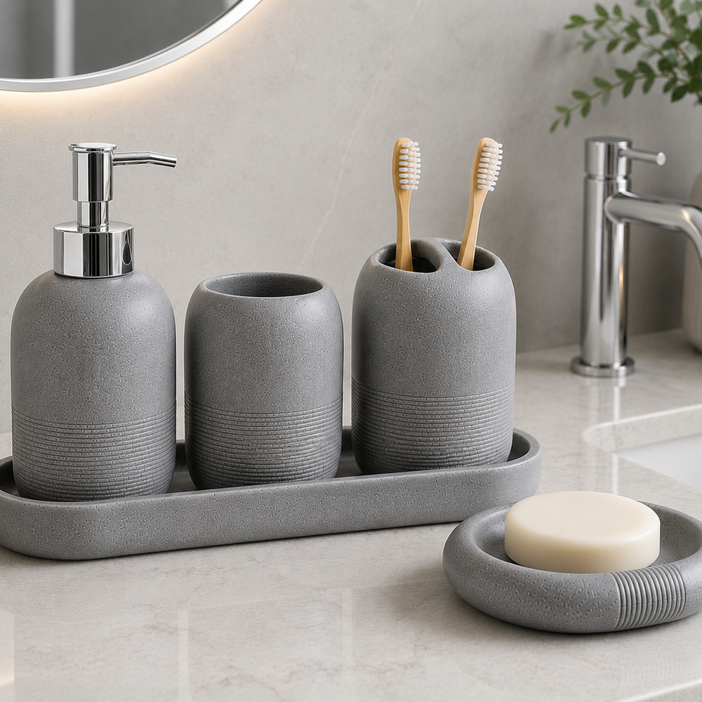 Kit Banheiro Bege e Cinza com Dispenser em banheiro ou lavabo