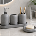 Kit Banheiro Bege e Cinza com Dispenser em banheiro ou lavabo