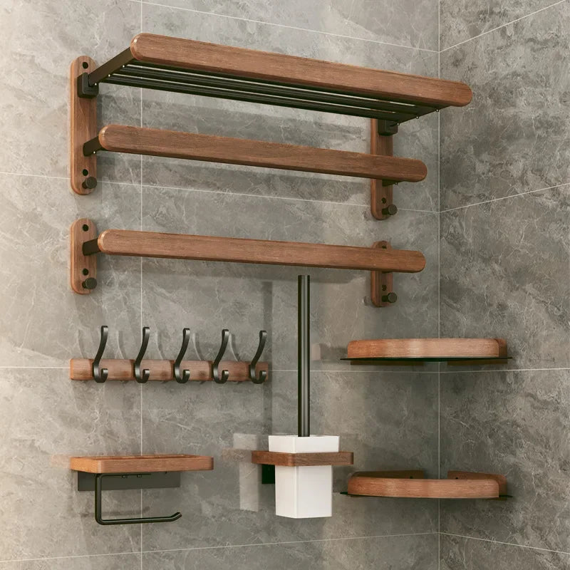 Kit de Acessórios para Banheiro em Madeira e Preto Fosco em banheiro ou lavabo