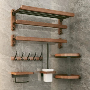 Kit de Acessórios para Banheiro em Madeira e Preto Fosco em banheiro ou lavabo