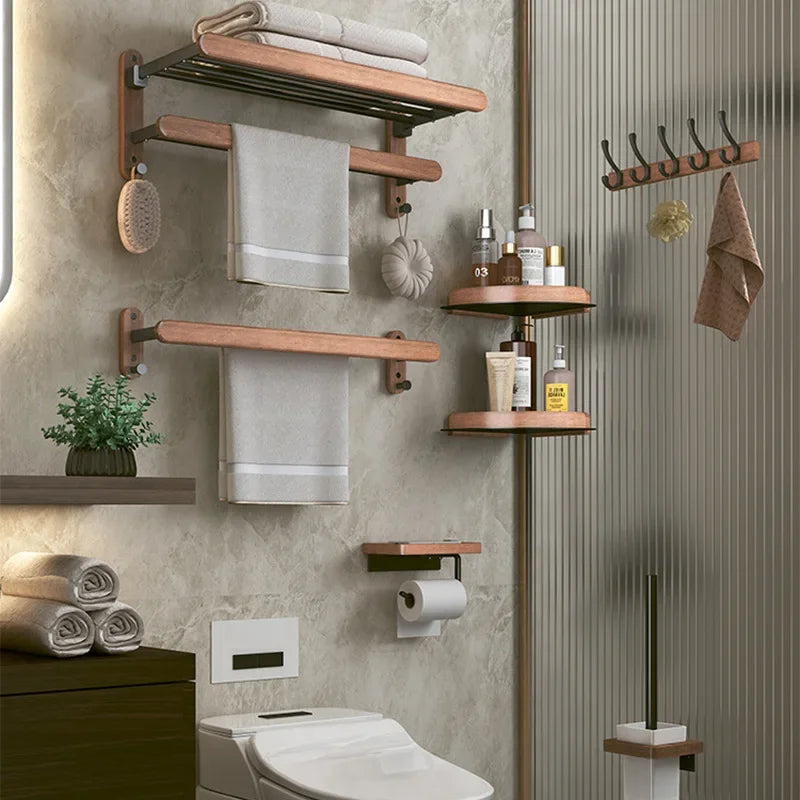Kit de Acessórios para Banheiro em Madeira e Preto Fosco em banheiro ou lavabo