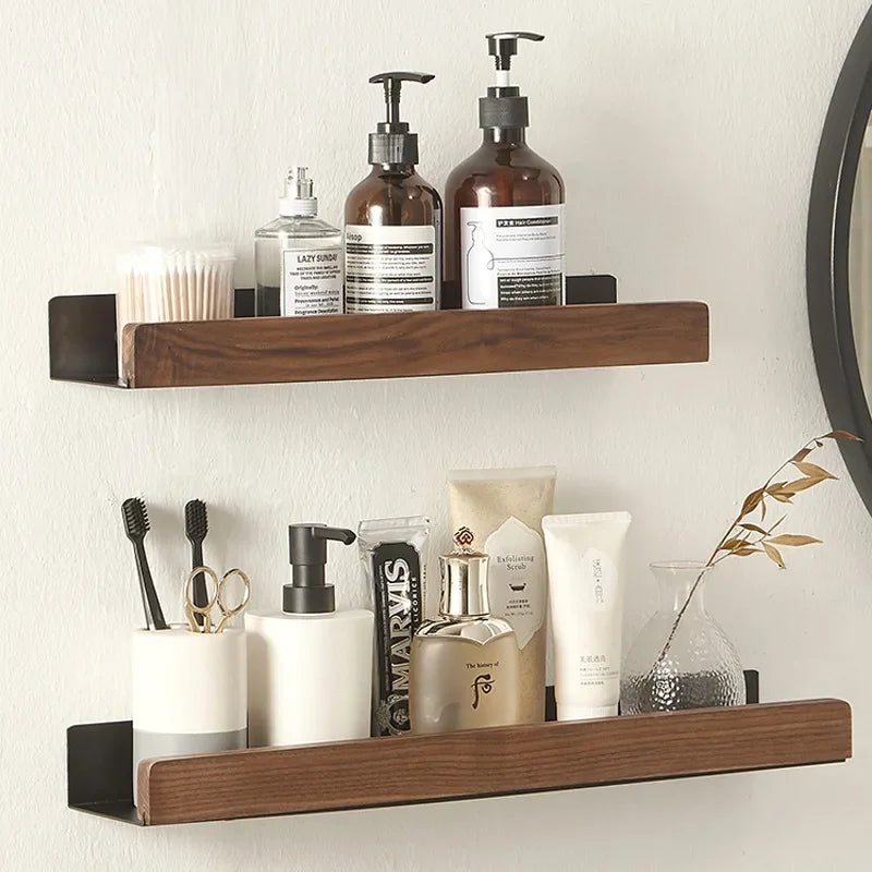 Kit de Acessórios para Banheiro em Madeira e Preto Fosco em banheiro ou lavabo