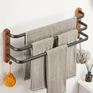 Kit de Acessórios para Banheiro em Madeira e Preto Fosco em banheiro ou lavabo