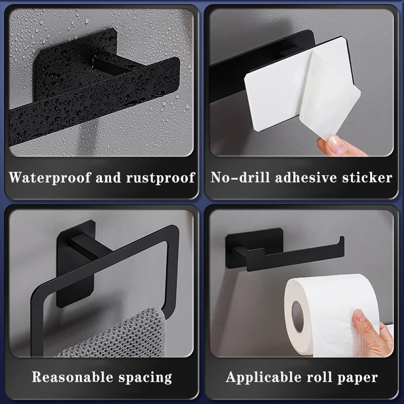 Kit de Acessórios para Banheiro Preto Fosco sem Furo em banheiro ou lavabo