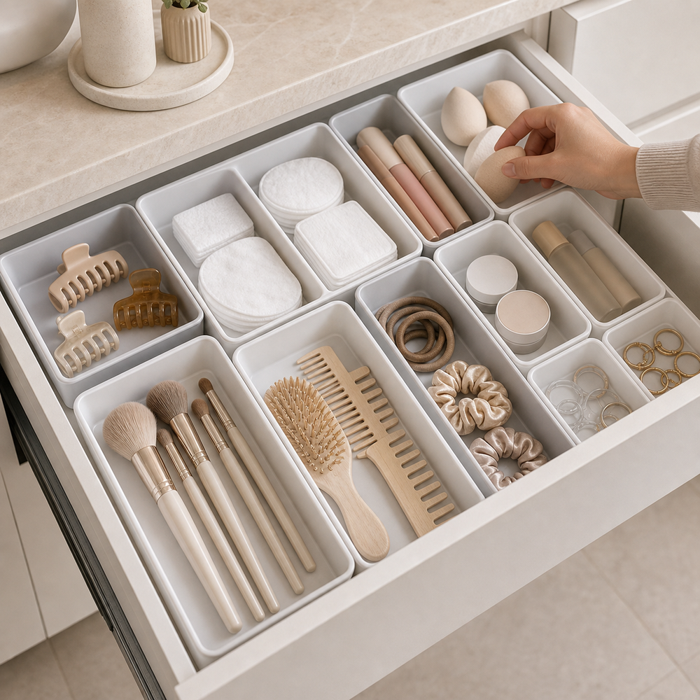 Kit Organizador de Gavetas para Banheiro e Maquiagem em imagem uso real premium - Viorenna