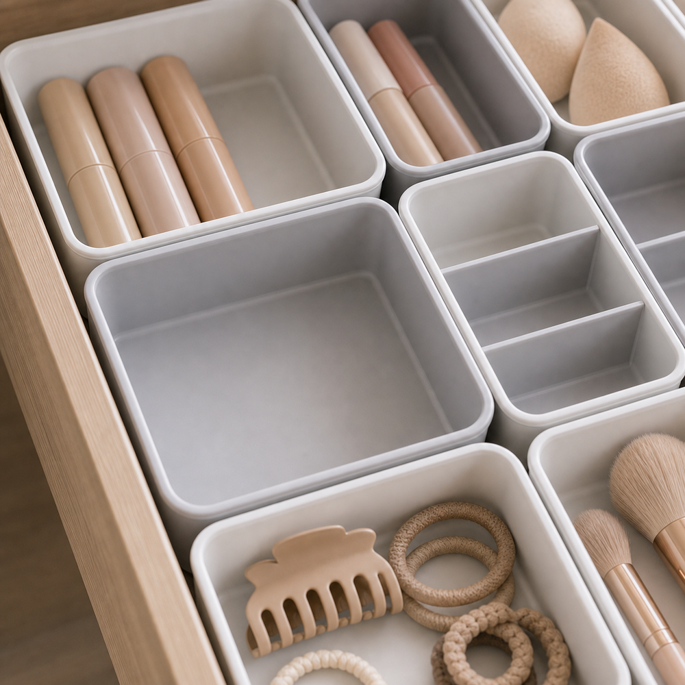 Kit Organizador de Gavetas para Banheiro e Maquiagem em imagem close material premium - Viorenna