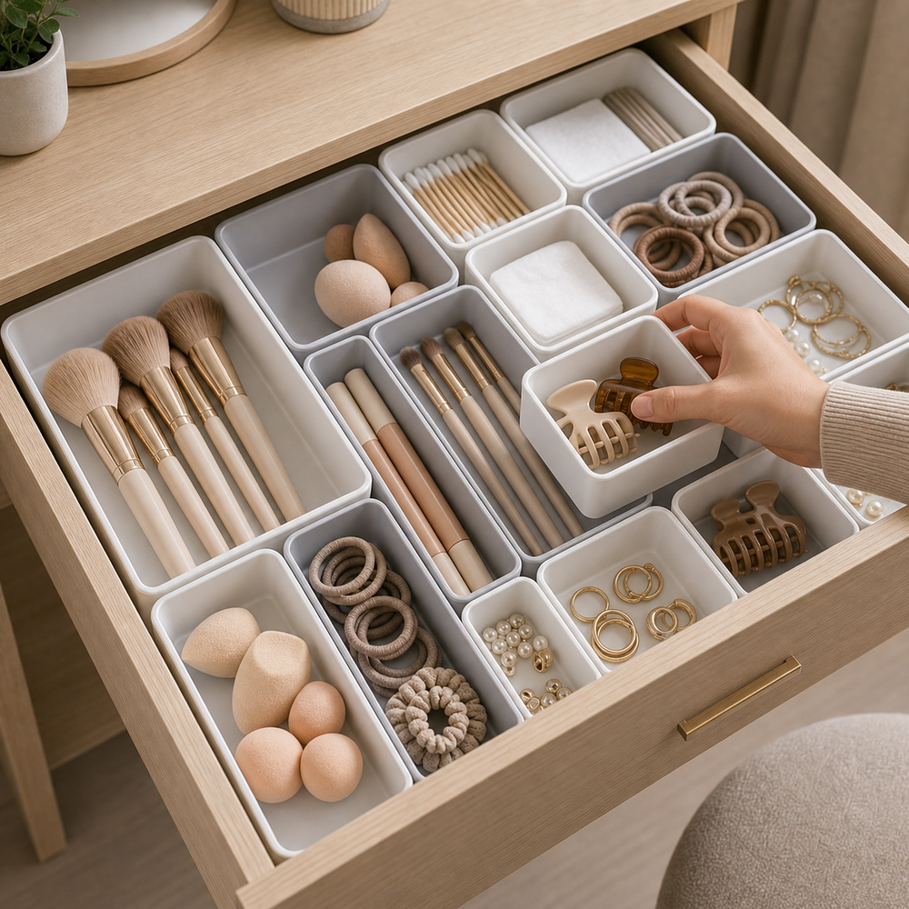 Kit Organizador de Gavetas para Banheiro e Maquiagem em imagem detalhe funcional premium - Viorenna