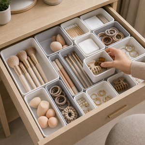 Kit Organizador de Gavetas para Banheiro e Maquiagem em imagem detalhe funcional premium - Viorenna