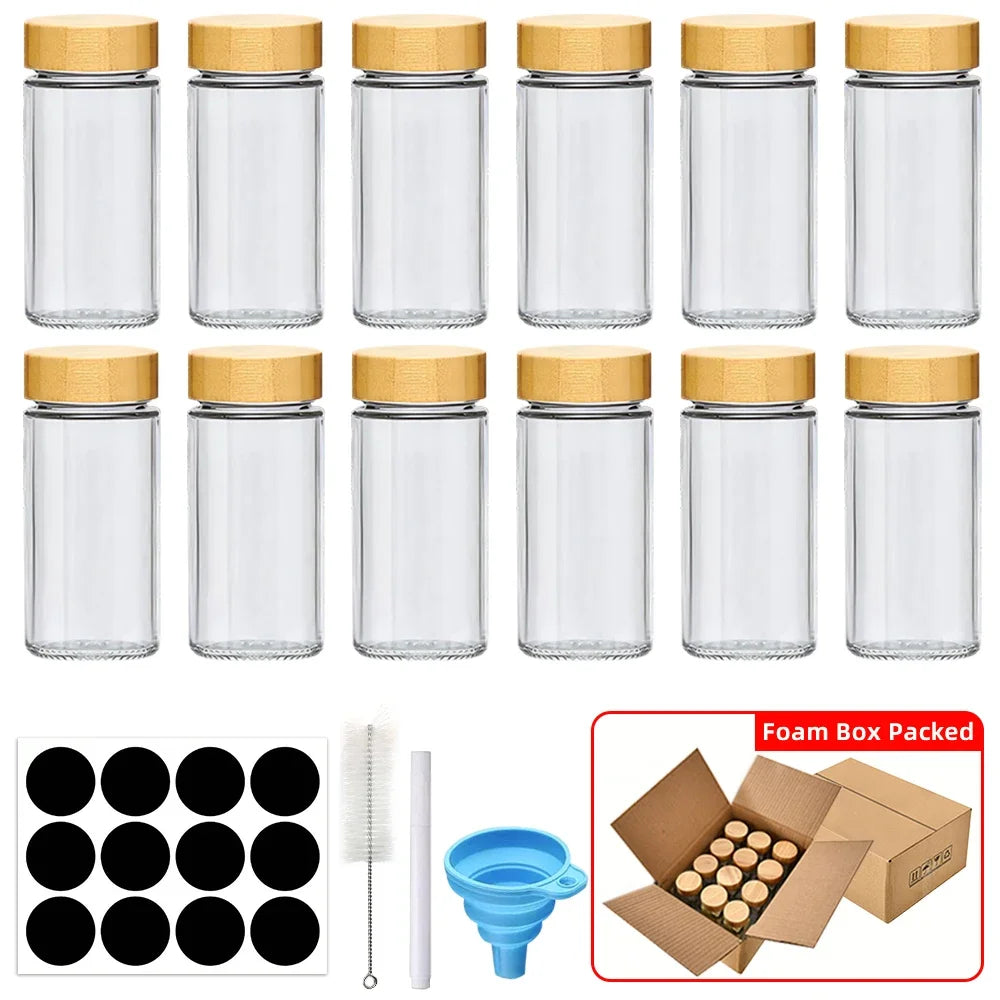 Kit Porta Temperos de Vidro com Tampas de Bambu na galeria do produto