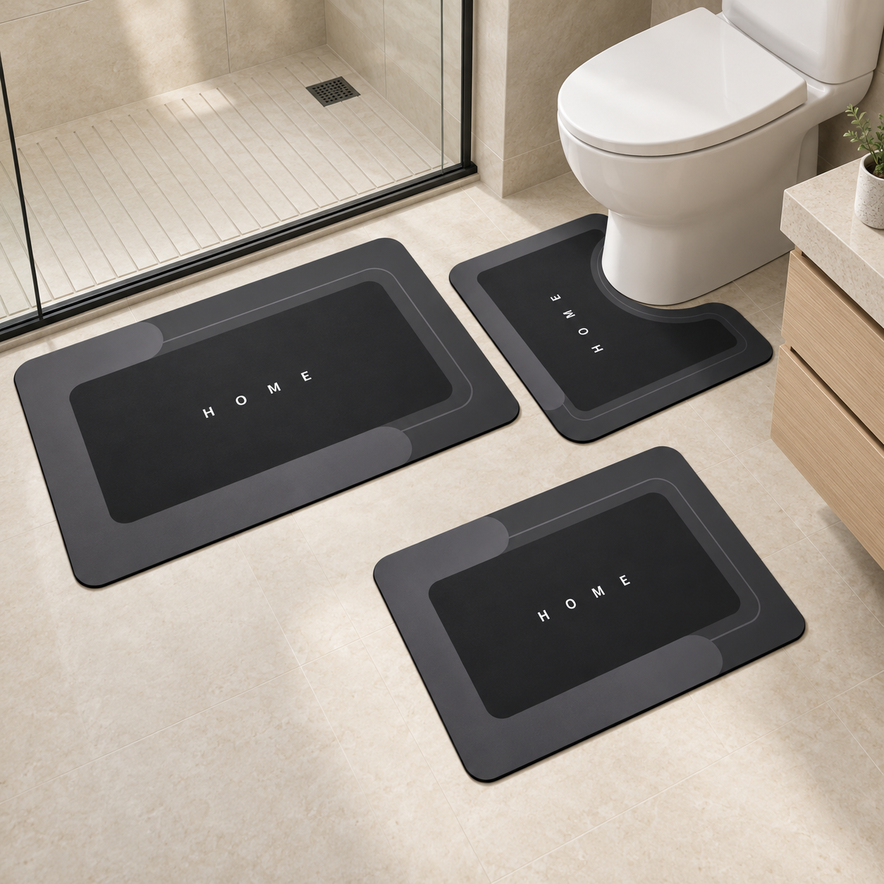 Kit de tapetes para banheiro Mosaico 3 peças na cor Preto.