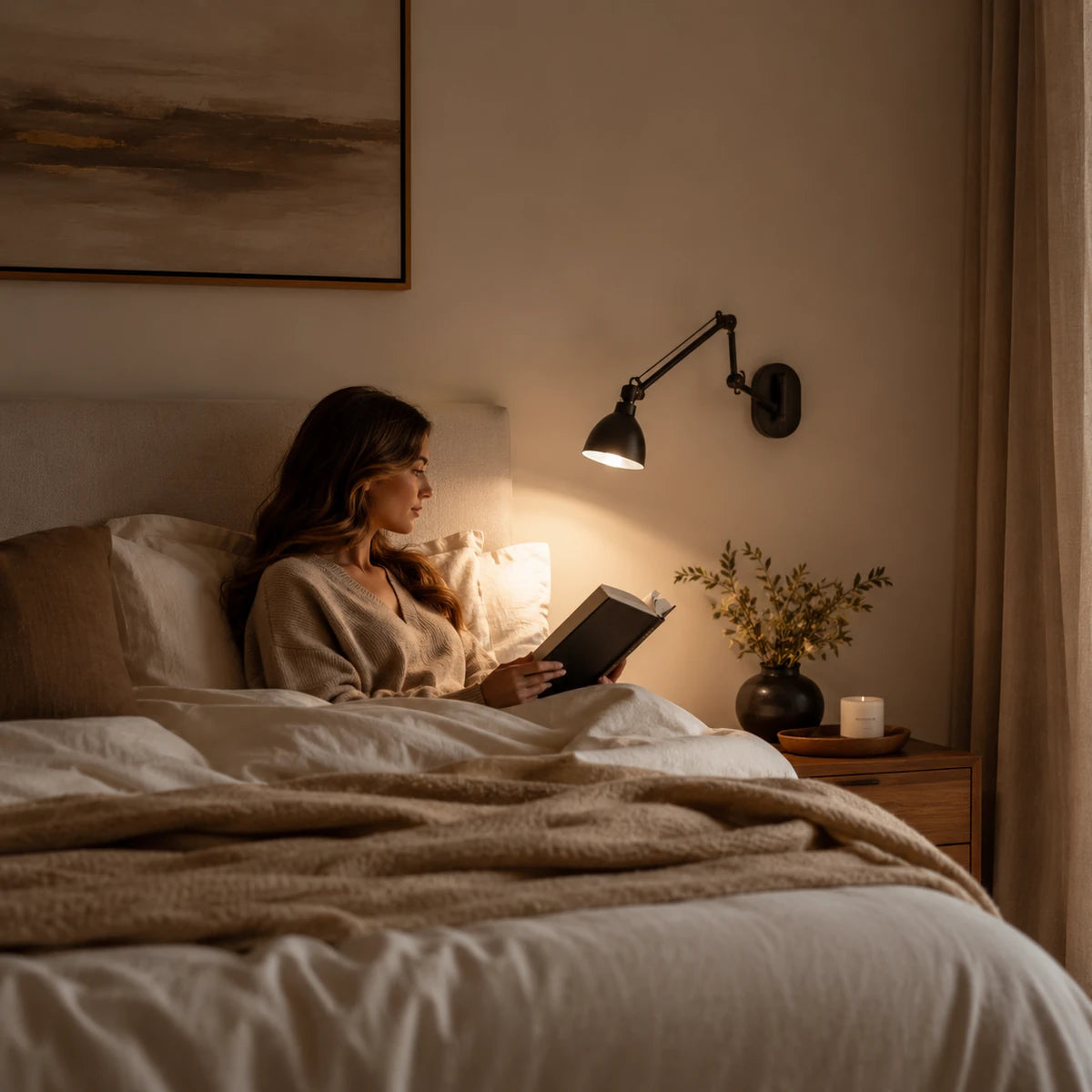 Quarto elegante com luminária articulada ao lado da cama