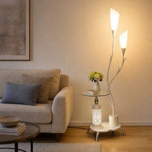 Luminária de chão branca com mesa lateral de vidro integrada