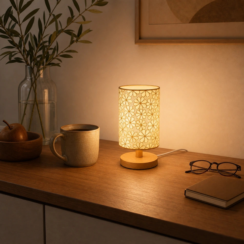 Luminária de mesa floral compacta em escala real sobre móvel de apoio