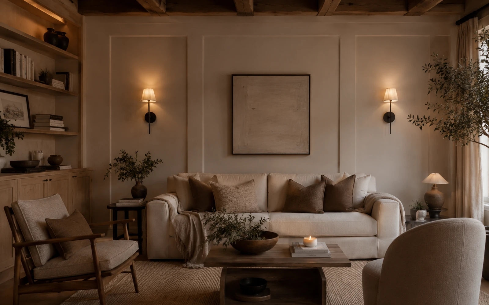 Sala elegante com luminária de parede e luz indireta aconchegante