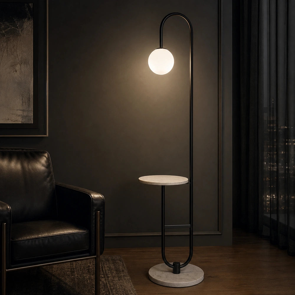 Luminária preta com mesa de mármore na configuração 3 Cores