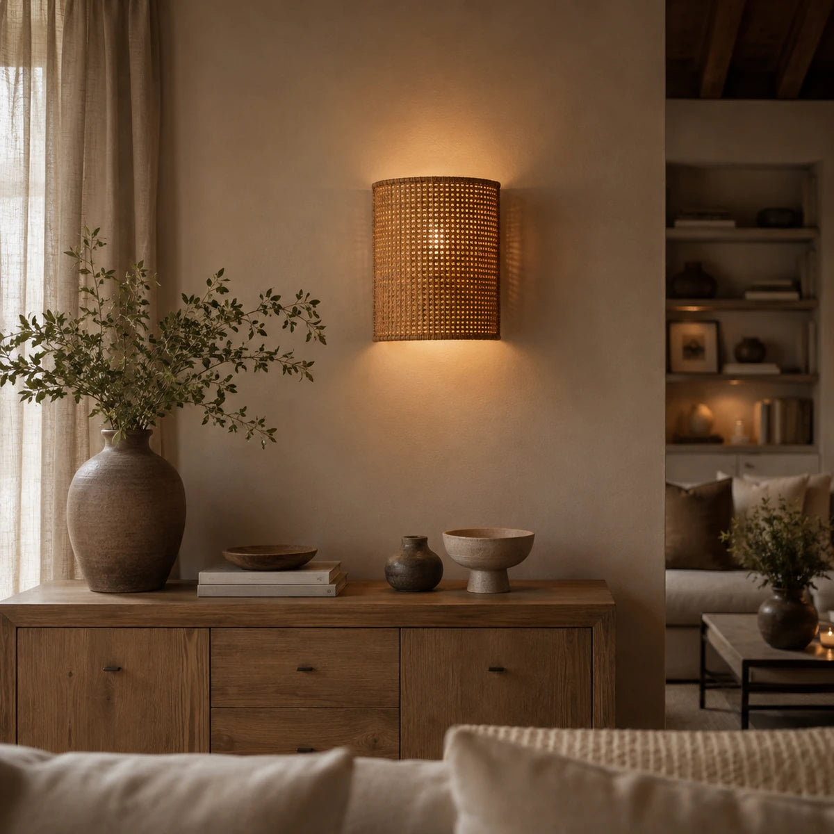 Sala elegante com luminária de parede em rattan e luz quente