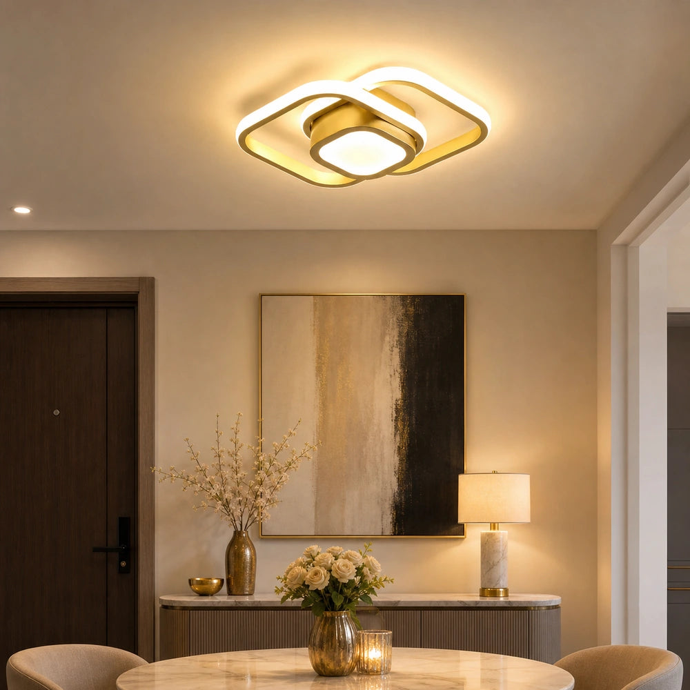 Lustre LED de teto dourado quadrado em ambiente interno de recepção