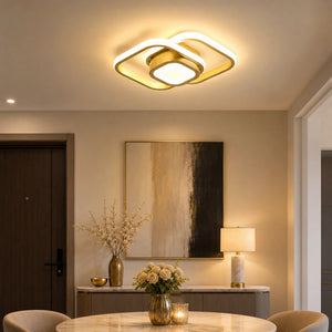 Lustre LED de teto dourado quadrado em ambiente interno de recepção