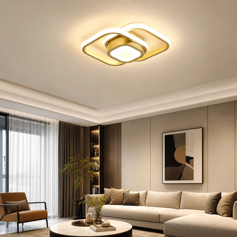 Lustre LED de teto dourado quadrado em escala real no ambiente