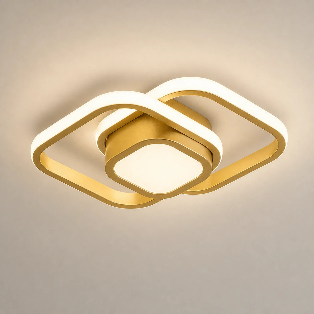 Lustre LED de teto dourado quadrado isolado sobre fundo neutro