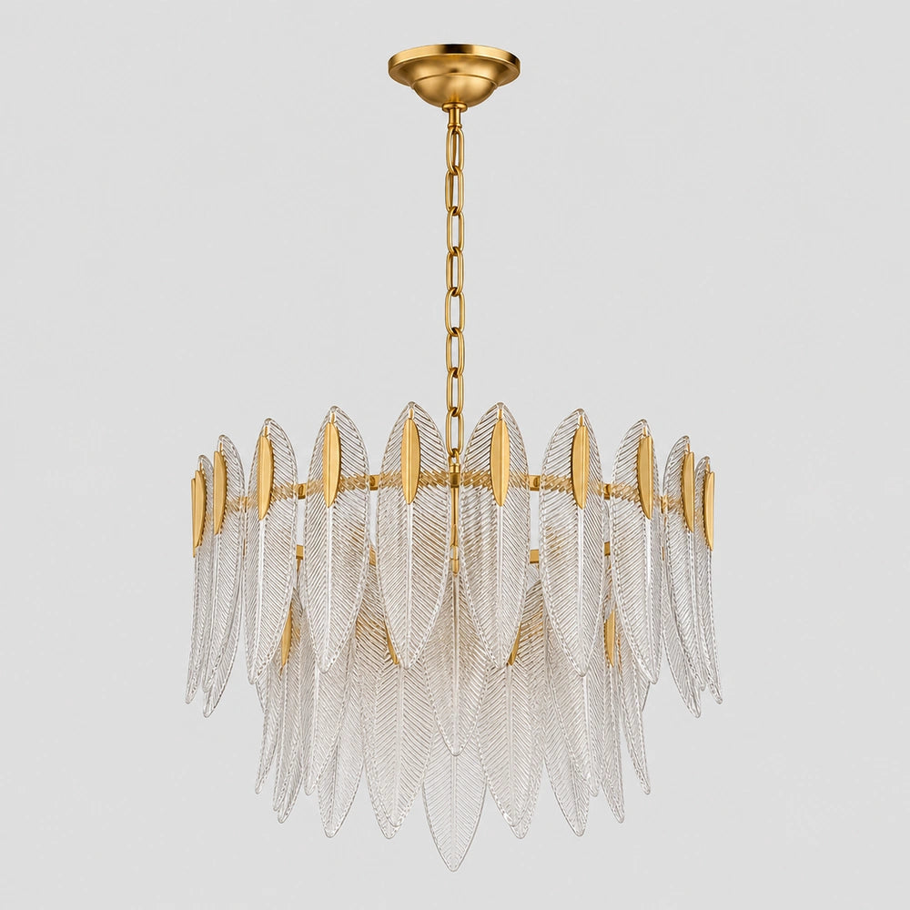 Lustre pendente dourado de 60 cm com folhas de vidro em fundo controlado