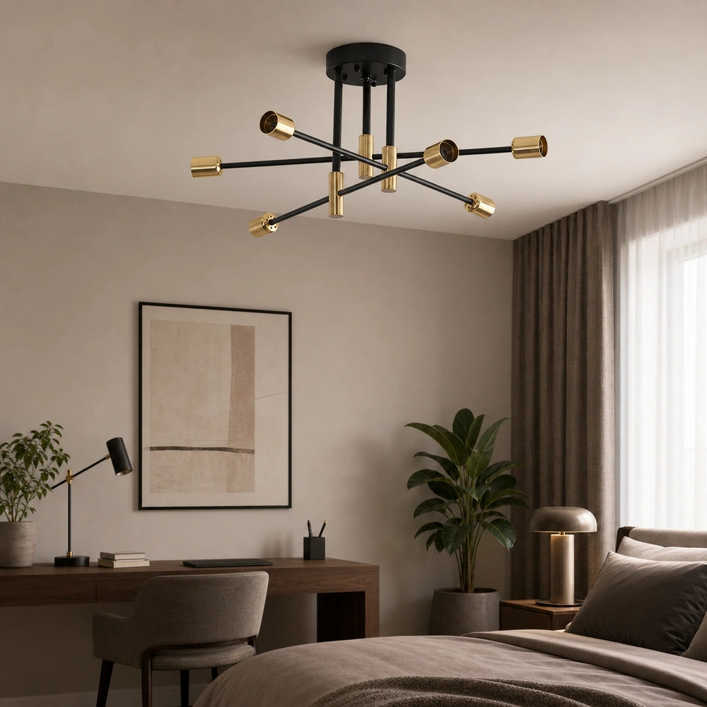 Lustre de teto nórdico preto e dourado em quarto ou escritório