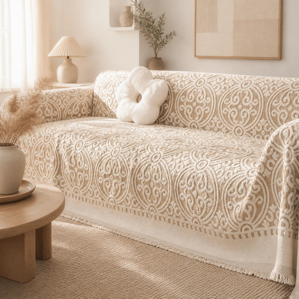 Manta para sofá bege em sala de estar com decoração boho