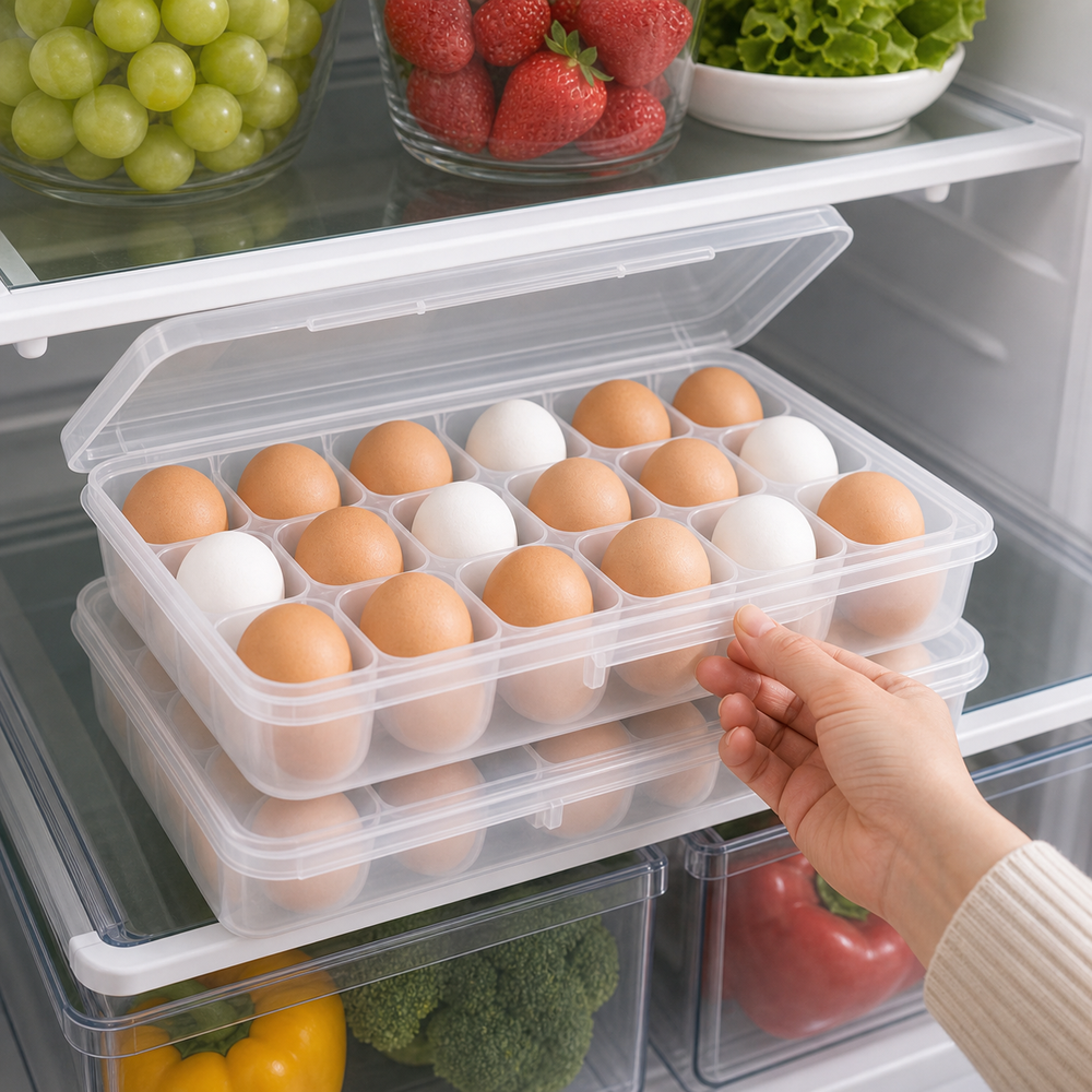 Organizador de Ovos com Tampa para Geladeira em imagem uso real premium - Viorenna