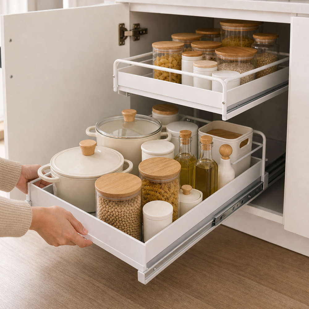 Organizador Deslizante para Armário de Cozinha em imagem uso real premium - Viorenna