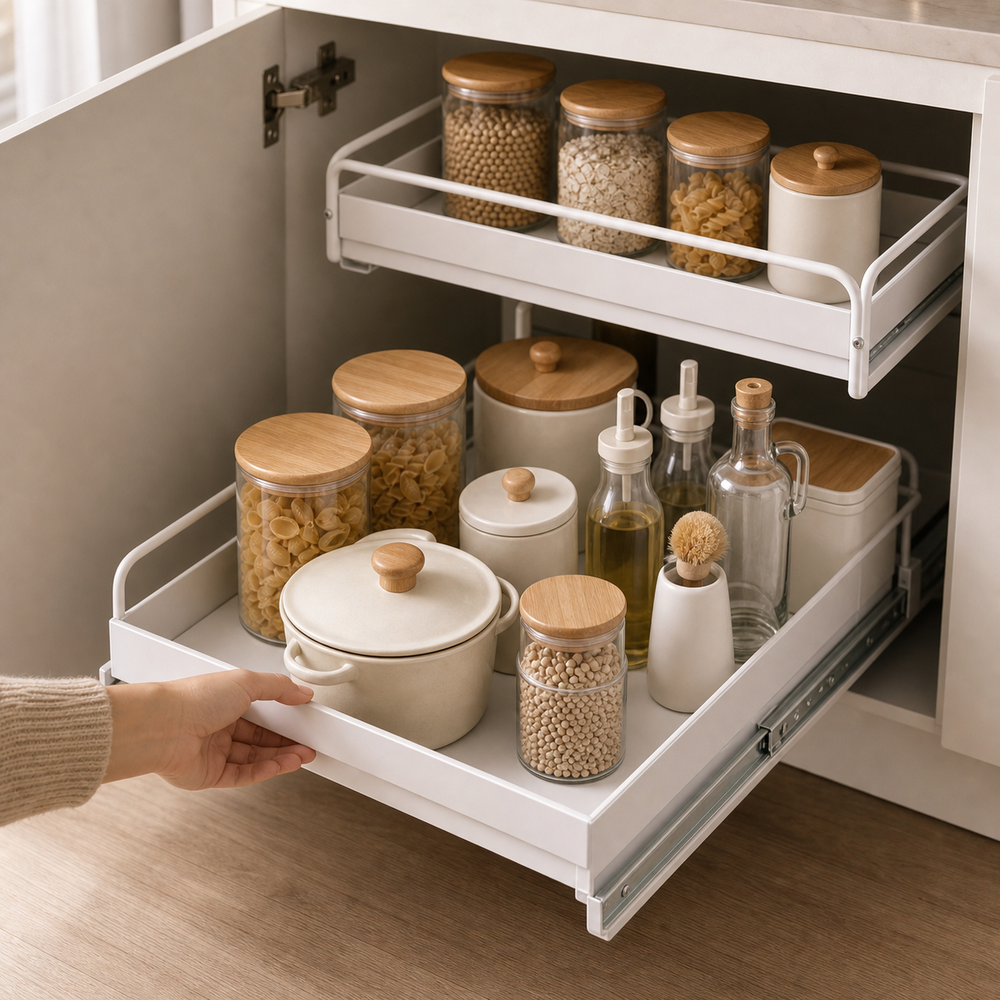Organizador Deslizante para Armário de Cozinha em imagem detalhe funcional premium - Viorenna
