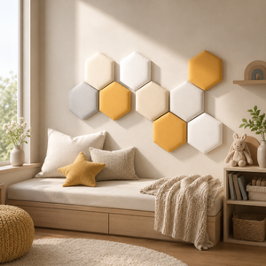 Painéis hexagonais estofados em composição decorativa para canto de descanso