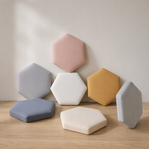 Painéis 3D hexagonais estofados em cores bege cinza azul amarelo rosa e branco