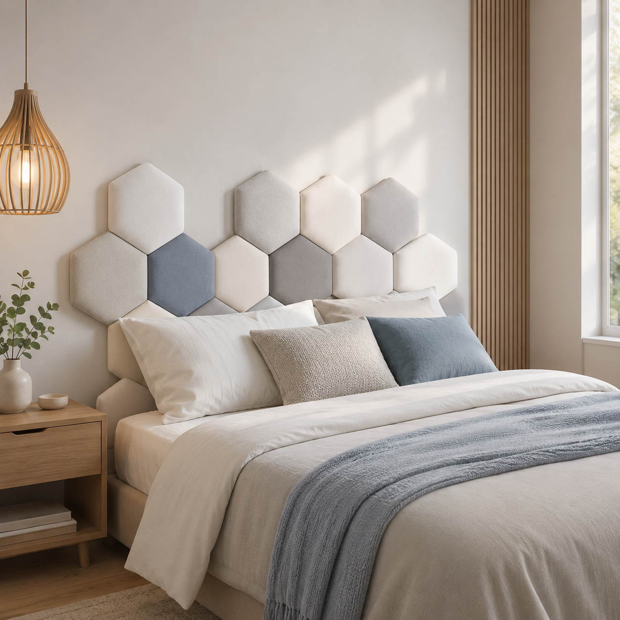 Painel 3D hexagonal estofado formando cabeceira modular em quarto claro