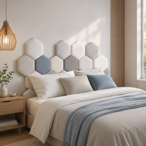 Painel 3D hexagonal estofado formando cabeceira modular em quarto claro