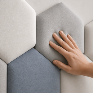 Close do painel 3D hexagonal estofado com textura macia e borda arredondada
