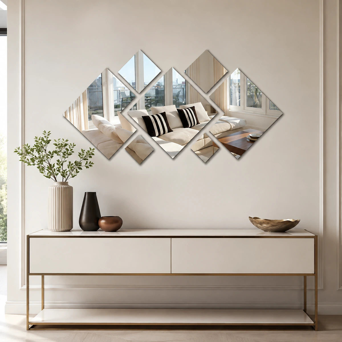 Painel de espelhos modular sobre console minimalista