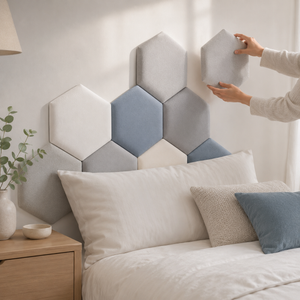 Pessoa aplicando painel hexagonal estofado pequeno em parede de quarto