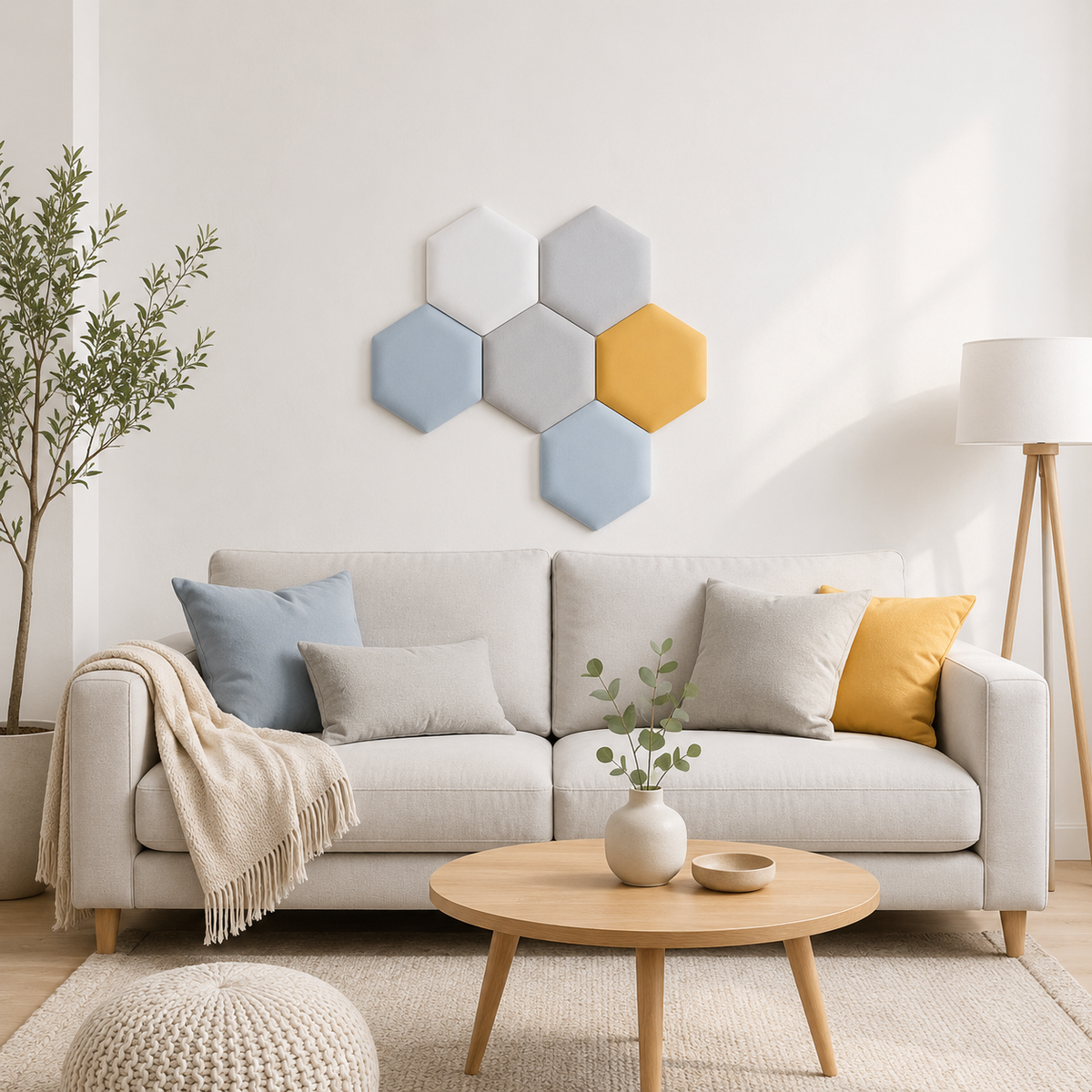Painéis hexagonais estofados em parede decorativa atrás do sofá