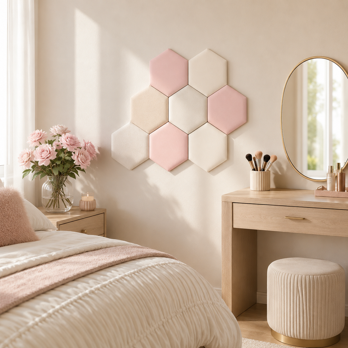 Painéis hexagonais estofados rosa e neutros em quarto com penteadeira