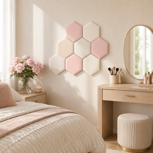 Painéis hexagonais estofados rosa e neutros em quarto com penteadeira