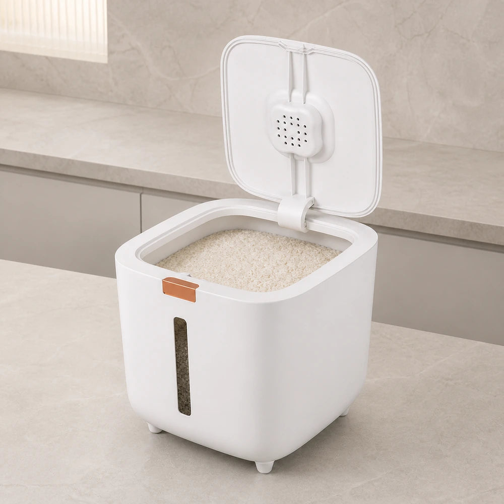 Pote de arroz com tampa superior articulada aberta para abastecimento