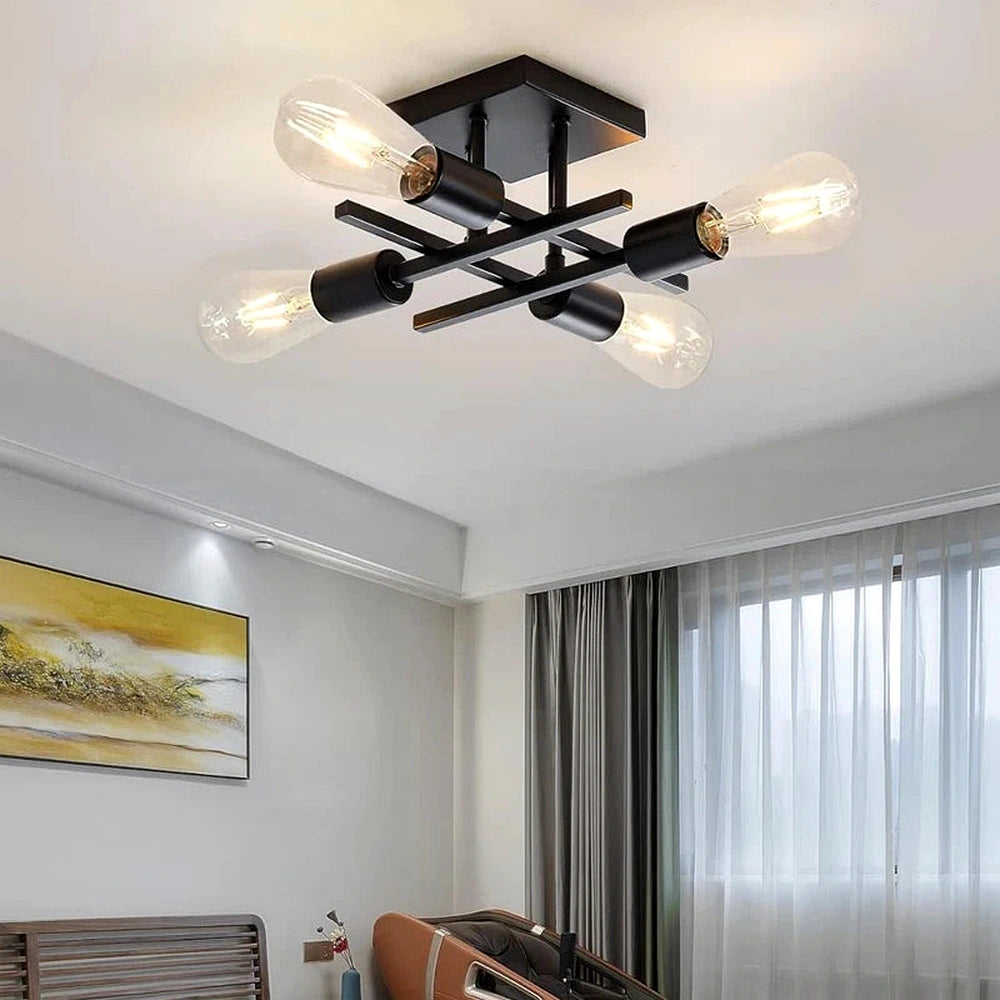 Lustre de teto Sputnik preto com dourado em sala moderna