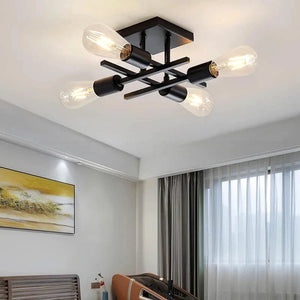 Lustre de teto Sputnik preto com dourado em sala moderna