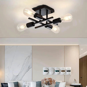 Lustre Sputnik preto com quatro lampadas em ambiente de jantar