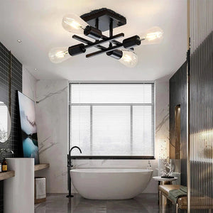 Lustre Sputnik preto instalado em quarto moderno