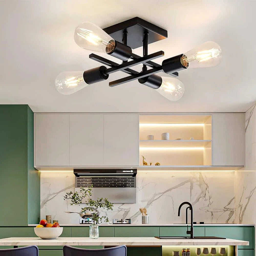 Lustre Sputnik preto com dourado em cozinha moderna